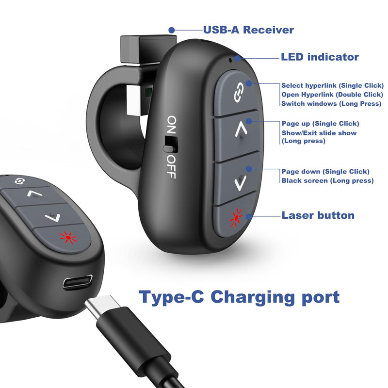 [Australia - AusPower] - Presentation Clicker PowerPoint Wireless Presenter Remote: Laser Pointer Computer Clickers, Hyperlink Finger Ring Project Power Point PPT Clicker for Mac Laptop Office, Slideshow Google Slide Advancer 