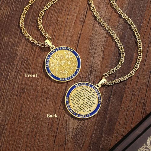 INFUSEU Catholic Religious Pendant Necklaces for Men Women, Saint Michael Christopher Benedict Crucifix Faith Jewelry, 22-24 Inch Chain St Christopher Blue