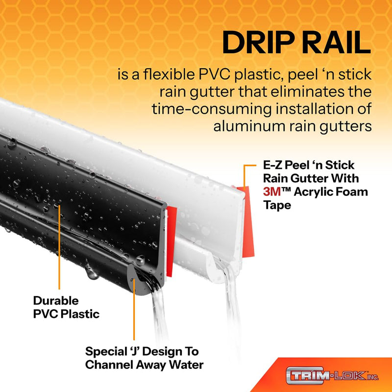 TRIM-LOK Drip Rail, 1/2-Inch Height, 25-Foot Length, PVC Plastic Flexible Rain Guards for Car Windows, Vans, and RVs, Controls Water Runoff, Black Finish, Easy to Install with 3M Acrylic Foam Tape 25 feet