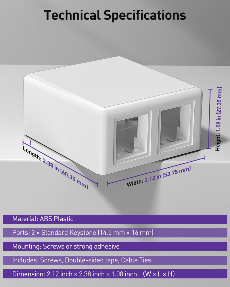 VCELINK Keystone Jack Surface Mount Box 2-Port for UTP Cat6/Cat5e/Cat5 RJ45 Keystone Jacks, 5-Pack, White 2-Port Box 5 Pack
