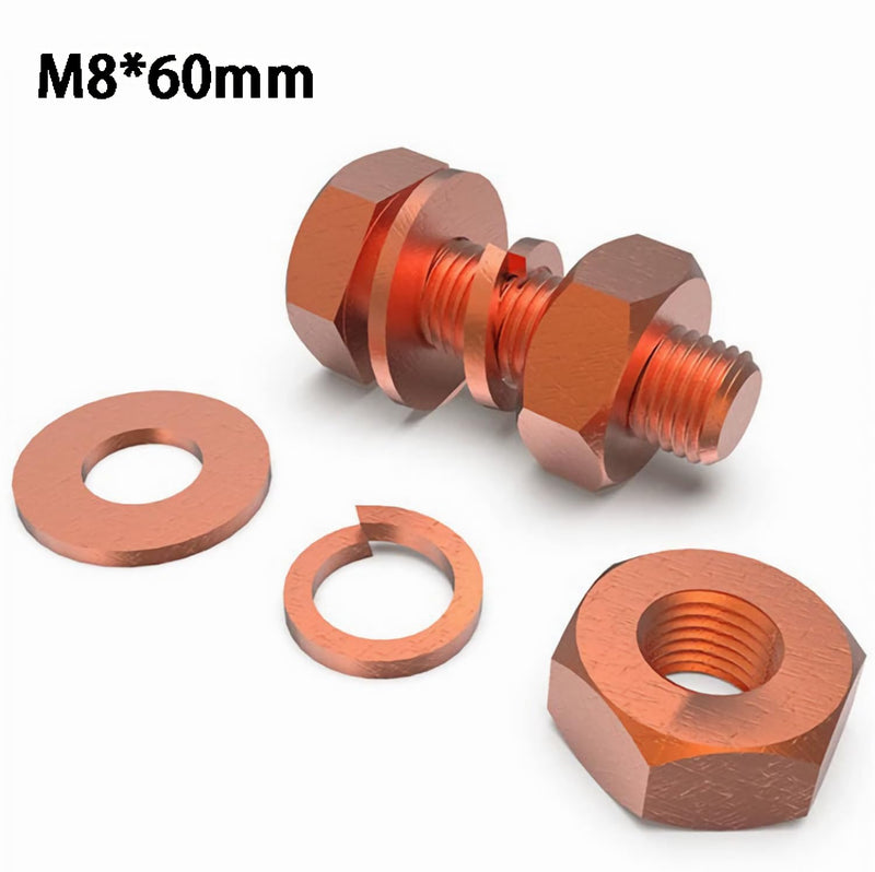 [Australia - AusPower] - 2pcs M8 X 60mm Hexagon Bolts + M8 Hex Nuts + Flat Washers + Spring Lock Washers Kit, T2 Conductive Pure Copper Hex Head Screw Bolt 