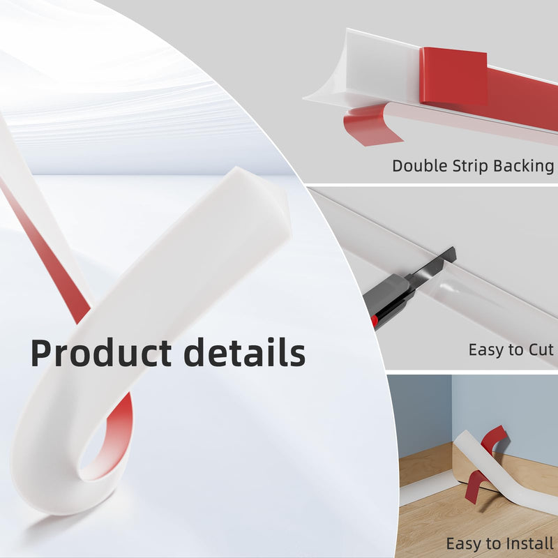 Conwang 393" Flexible L-Shaped Quarter Round,Bendable Trim Molding,Double-Sided Self Adhesive Peel and Stick Silicone Trim for Floor Edge,Wall Corner,Stairs,Cabinet and Tub Edge,0.6"(W)×0.6"(H),White 393" White