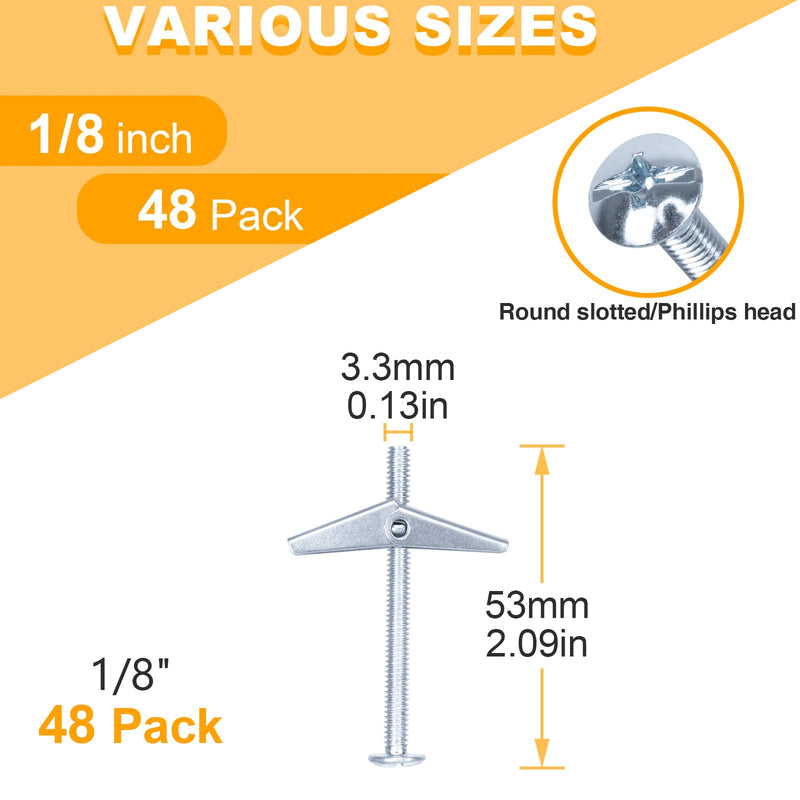 [Australia - AusPower] - KURUI 1/8 Heavy Duty Hollow Wall Anchors for Drywall, 48Pcs Toggle Bolts and Wing Nut Kit, Metal Drywall Anchors and Screws Kit, Butterfly Anchors for Ceiling 1/8" 