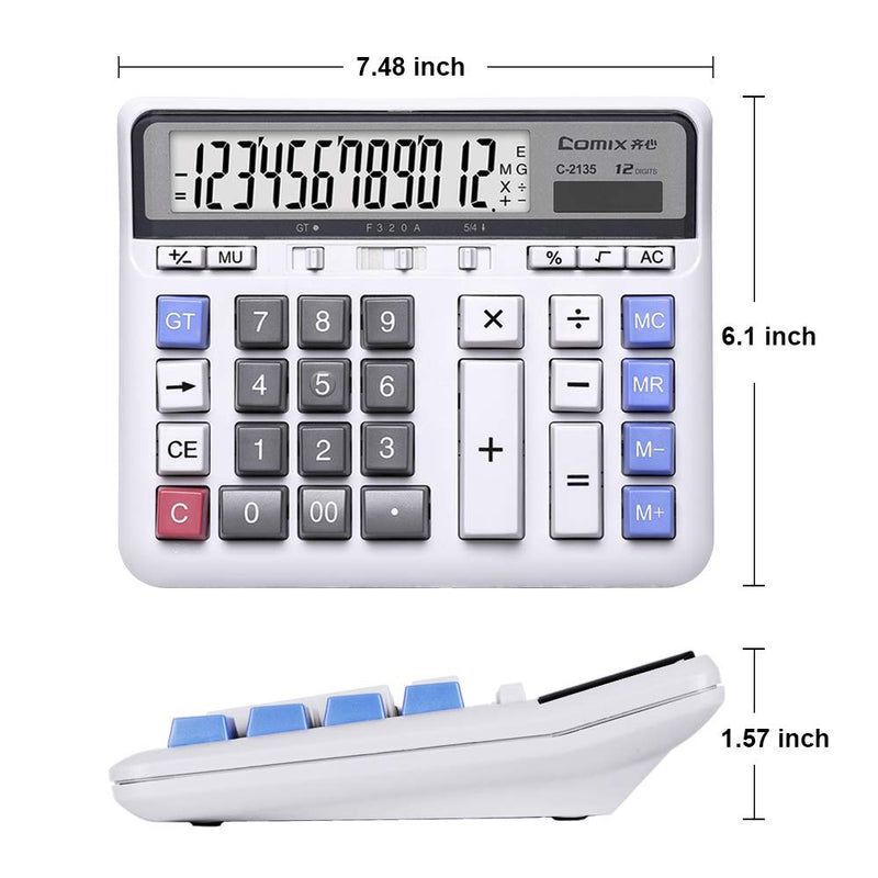 [Australia - AusPower] - Comix Desktop Calculator Solar Battery Dual Power with 12-Digit Large LCD Display and Large Computer Keys Standard Function Calculator for Home Office School, White 