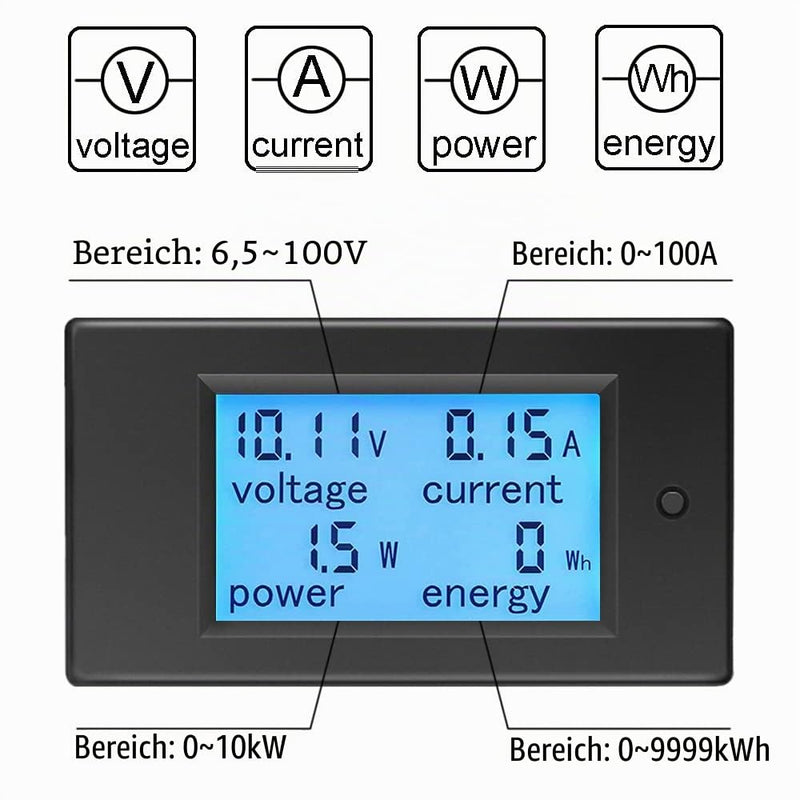 Ketotek Ammeter Voltmeter DC 6.5 ~ 100 V, Volt Ampere Watt KWh Meter | DC Ammeter Voltmeter Digital Voltage Meter Energy Meter Power Meter Wattage Meter for Solar Car 100A Multimeter