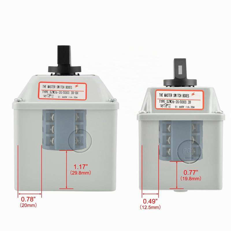 Heschen Universal Rotary Cam Selector Changer Switch, SZW26-20/D303.3D, 660V 20A, 3 Position, 3 Phase 12 Terminals, CE, with Master Switch Outer Box LW28-20/4 (Standard Box) Standard Box