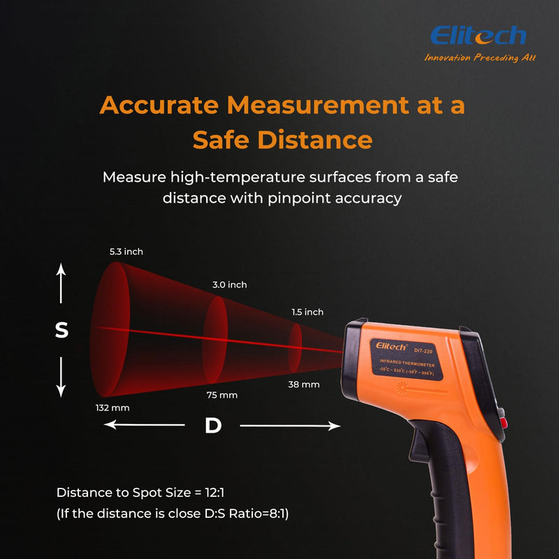 [Australia - AusPower] - Elitech Laser Temperature Gun, Non-Contact Digital Infrared Thermometer, Adjustable Emissivity, Backlight, Handheld for Grill, Meat, Food, Candy, Automotive, HVAC Tools, -50~530°C(-58~986°F), DIT-220 1 