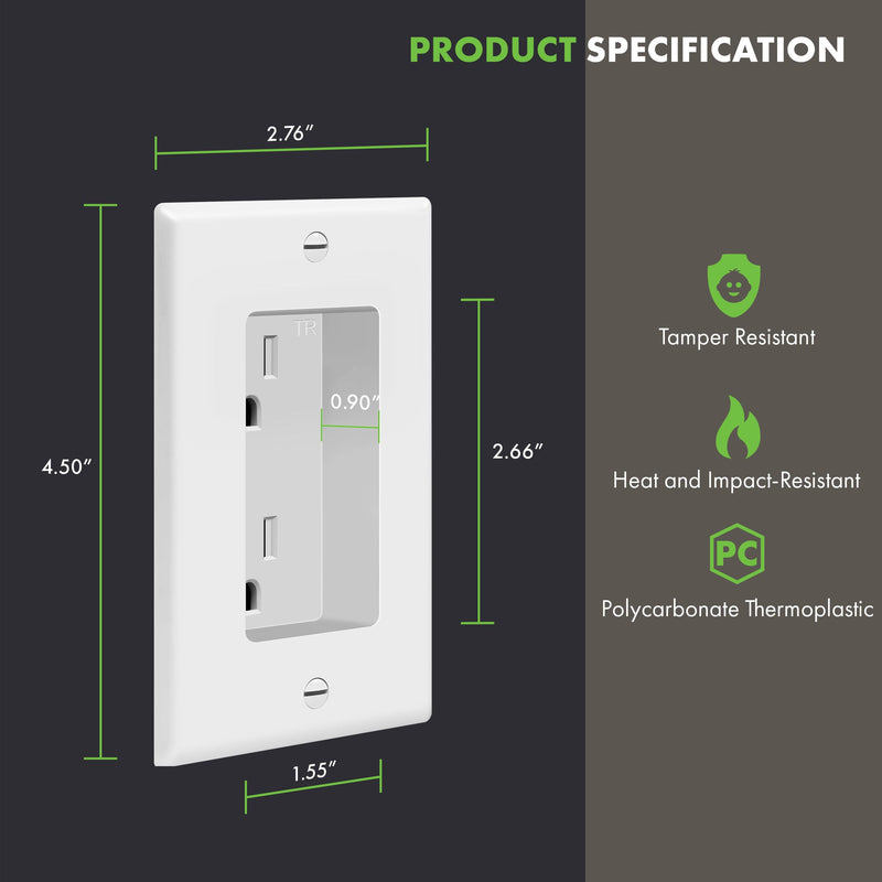[Australia - AusPower] - TOPGREENER Recessed Duplex Receptacle Outlet, Tamper-Resistant, Size 1-Gang 4.48" x 2.76", 15A 125V, TG15RD31, White Recessed Outlet 1 Pack 