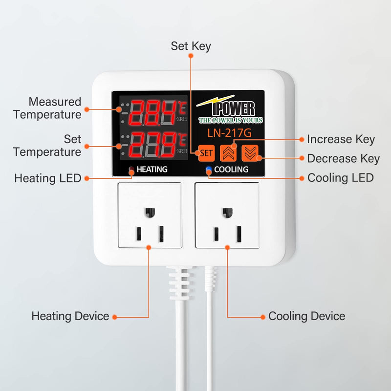 [Australia - AusPower] - iPower Digital Temperature Controller, 1200W 10A Dual Outlet Thermostat Plug, 2-Stage Heating/Cooling Mode, for Seed Germination, Reptiles, Brewing Breeding, Fermenter Greenhouse 