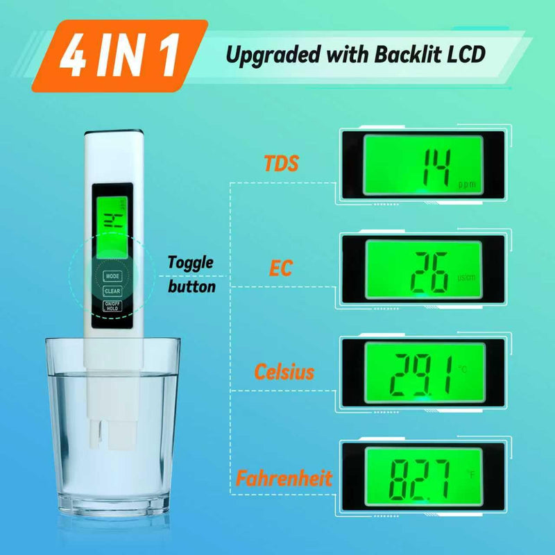 [Australia - AusPower] - Water Quality Tester, Accurate and Reliable, TDS Meter, EC Meter & Temperature Meter 4 in 1, 0-9990ppm, Ideal Water Test Meter for Drinking Water, Aquariums, etc. 