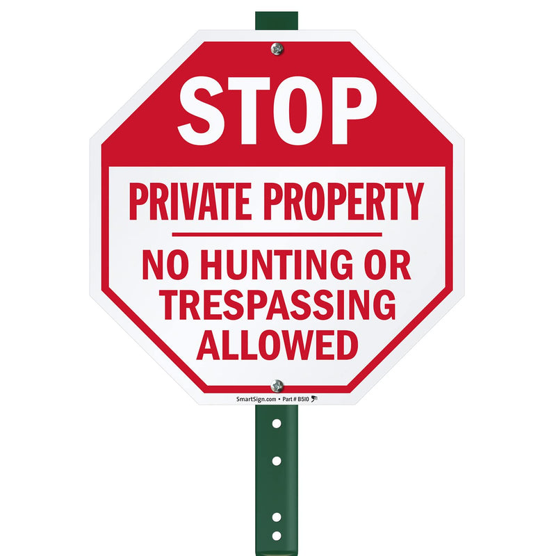 SmartSign 10 x 10 inch “Stop - Private Property, No Hunting Or Trespassing Allowed” LawnBoss Yard Sign with 3 foot Stake, 40 mil Laminated Rustproof Aluminum, Red and White, Set of 1