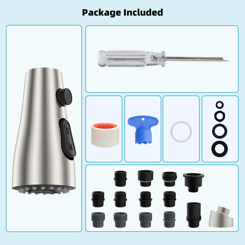 Hibbent Metal Pull Down Spray Head for Kitchen Faucet, Kitchen Sink Spray Nozzle with 15 Adapters, Faucet Head Replacement Compatible with Moen, American Standard, Delta, Kohler Faucet, Brushed Nickel Stainless Steel