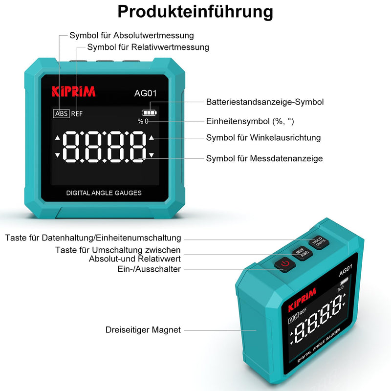 Kiprim AG01 Digital Inclinometer with Magnetic Base | 3-sided magnetic base, LCD backlight, absolute and relative measurement, suitable for construction and woodwork