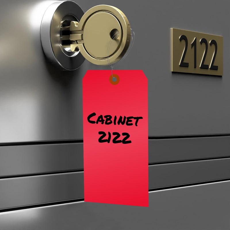 SmartSign (Pack of 100) Red Plastic Tags with Wires, 6.25 x 3.125 inch, Metal Eyelet, 10 mil Tear-Proof Polylith Plastic, Writable
