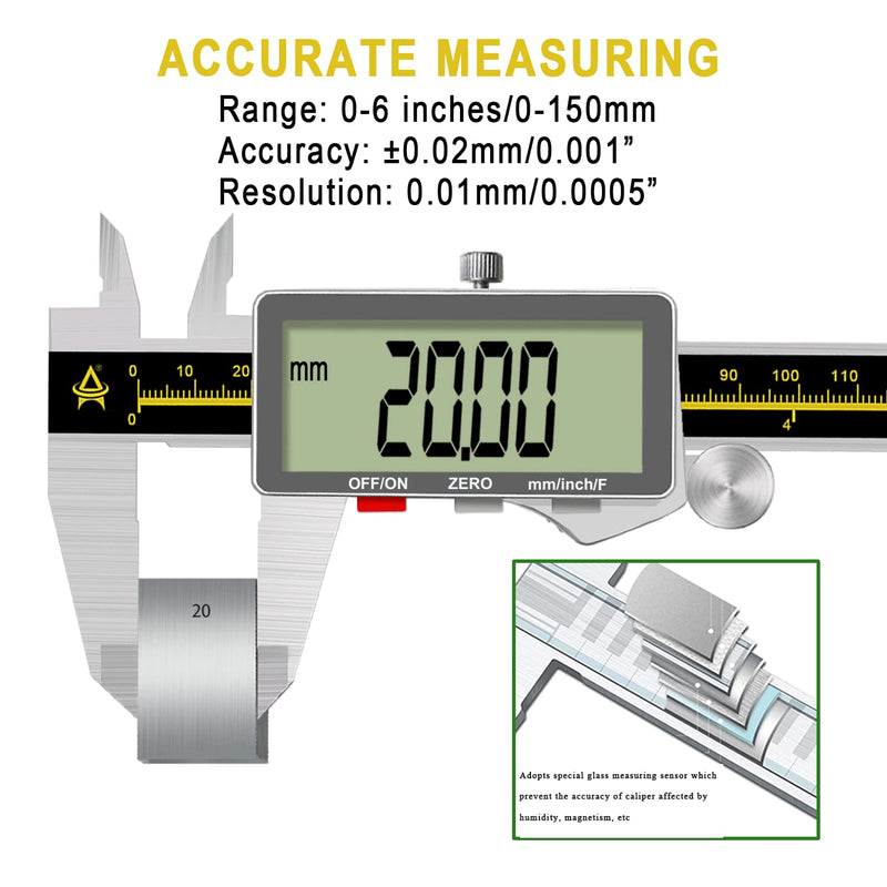 [Australia - AusPower] - Digital Caliper,ACEMETER 0-6" Vernier Calipers Measuring Tool-Electronic Micrometer with Large LCD Screen,Metal Metric Measure Caliper for Engineer Carpenter,Auto-Off Feature,Inch/Fraction/Millimeter Stainless Steel 6 inch/150mm 