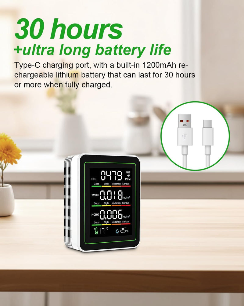 [Australia - AusPower] - Indoor Air Quality Monitor, 5 in 1 Portable Smartair Quality Tester for CO2 | TVOC | HCHO | Temp | Hum for Home Cars Plants and Pets So On White 
