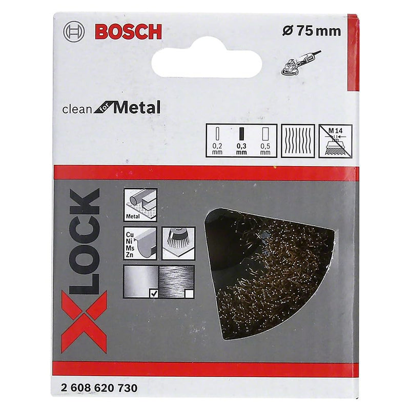 [Australia - AusPower] - Bosch 1x PRO Brass-Coated Steel Lognlife Cup Brush, Crimped Wire for Small Angle Grinder and X-Lock (for Non-ferrous metals, Steel, Ø 75 mm, Professional Accessory Small Angle Grinder) wavy für Ø115 mm 