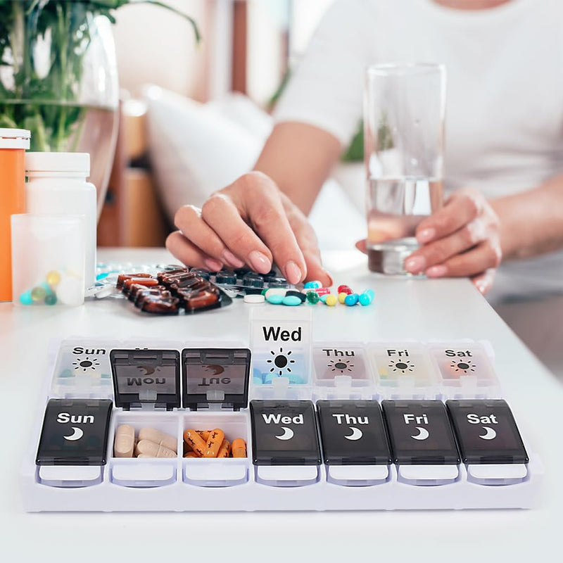 [Australia - AusPower] - HRX Package Pill Organizer 2 Times a Day, Easy Fill & Open Weekly Medicine Box Vitamin Cases for 7 Day AM PM Black and White 