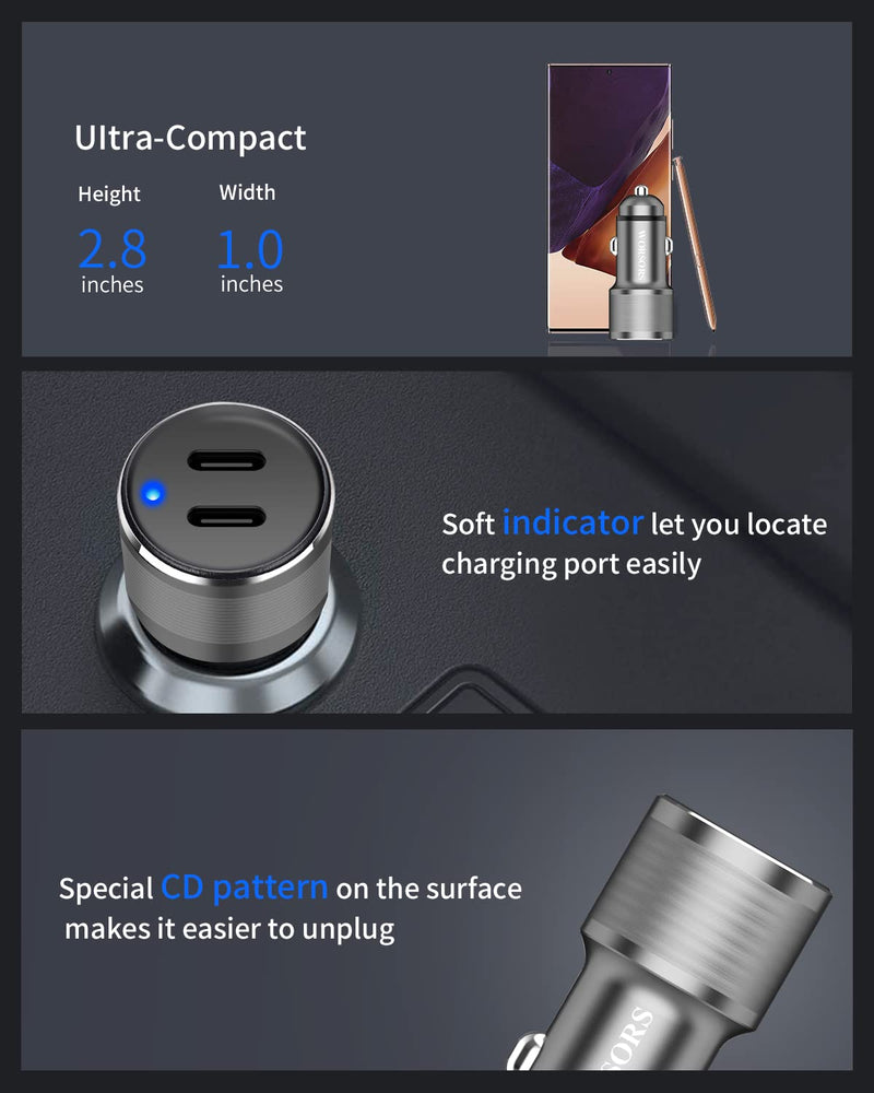[Australia - AusPower] - Dual USB C Car Charger, 60W PD (30W + 30W) Super Fast Charging Adapter Metal for iPhone 15 Pro Max, Samsung Galaxy S24 Ultra/S24 Plus/S24/S23/S22/S21, Note 20/10, iPad Pro + 2X Type C to C Cable 3.3Ft Gray 