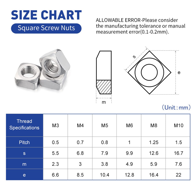 [Australia - AusPower] - 304 Stainless Steel Machine Square Screw Nuts 304 Square Nuts Metric Assortment Kit Nut 139Pcs 