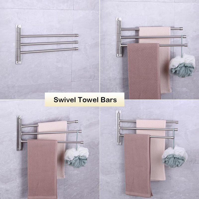 Swing Out Towel Bar Stainless Steel 3-Bar Folding Arm Swivel Hanger Bathroom Storage Organizer Rustproof Wall Mount Brushed Finish