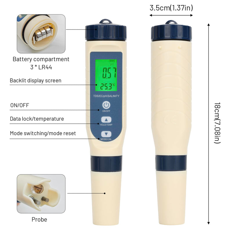 [Australia - AusPower] - diymore Aquarium PH Meter for Water Pool Salt Tester,Digital Salinity Meter Tester and PH Tester for Pool Saltwater Water,5 in 1PH,EC,TDS,PPM,Temperature,Easy to Read,for Drinking Water,Wine,Food 