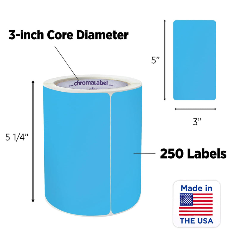 ChromaLabel 3 x 5 inch Permanent Color Code Rectangle Labels, 250 Stickers per Roll, Light Blue