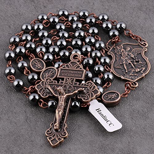 HanlinCC Catholic Rosary Necklace Saint Michael Medal Hematite Stone Beads Anti-Copper St.Michael Rosary