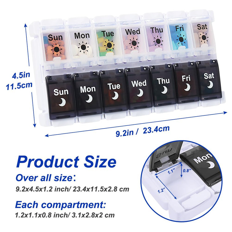 [Australia - AusPower] - HRX Package Pill Organizer 2 Times a Day, Easy Fill & Open Weekly Medicine Box Vitamin Cases for 7 Day AM PM Black and White 