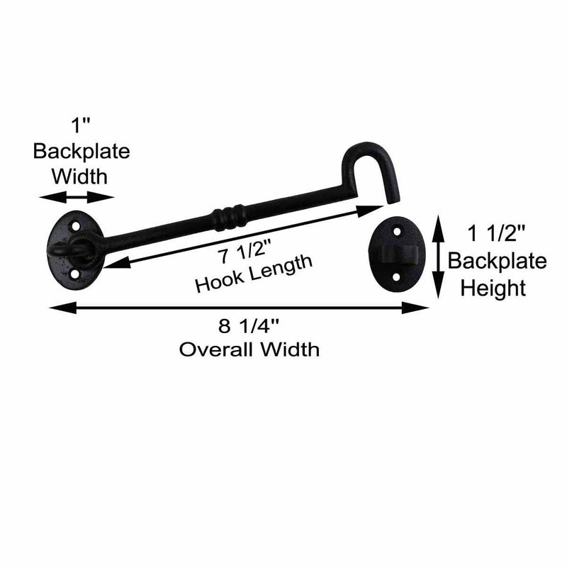 Renovators Supply Manufacturing Black Wrought Iron Cabin Hook Eye 7 Inches Long Decorative Privacy Hook Latches for Kitchen Cabinet, Window, Sliding Or Barn Doors with Mounting Screws 7 Inch