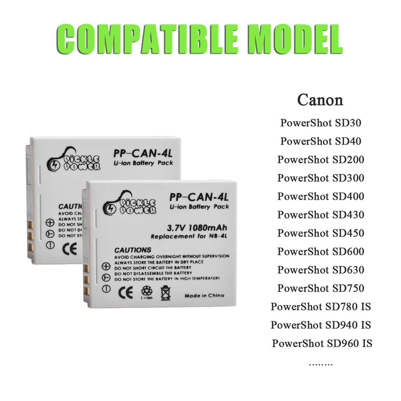[Australia - AusPower] - Pickle Power NB-4L Battery and LED Display Charger for Canon PowerShot ELPH 100 HS 300 HS 330 HS 310 HS SD1000 SD1100 is SD1400 is SD200 SD30 SD300 SD40 SD400 SD600 SD750 2 battery +LED display charger 
