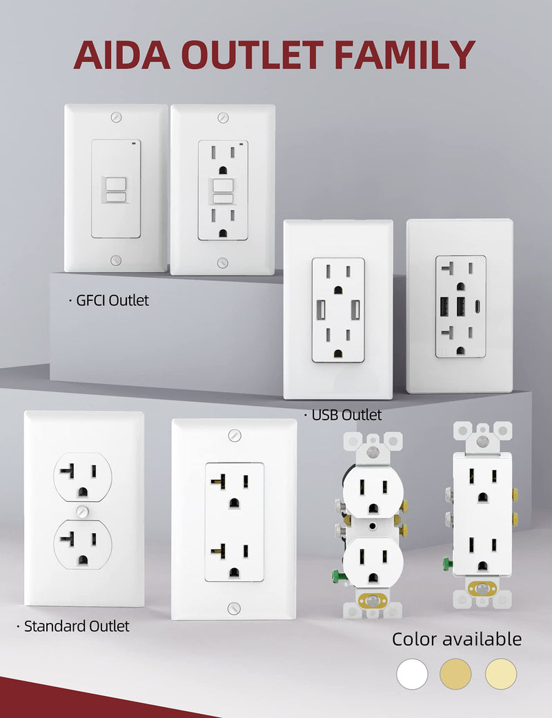[Australia - AusPower] - AIDA Duplex Electrical Receptacle Outlets, 20Amp 125V Wall Outlet, Residential, TR, 3-Wire, Self-Grounding, UL Listed, Push & Side Wire, White (10 Pack) 10 Pack 