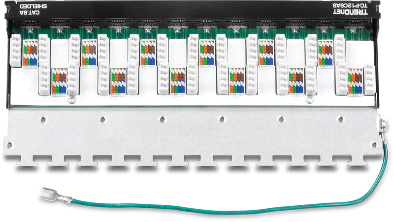 TRENDnet 12-Port Cat6A Shielded Patch Panel, 10G Ready, Cat5e,Cat6,Cat6A Compatible, Metal Housing, Color-Coded Labeling for T568A and T568B Wiring,Cable Management,Wall Mountable, Black,TC-P12C6AS 12 port