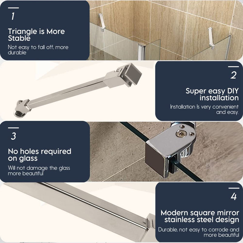 40cm / 15.7" Stainless Steel Frameless Shower Door Fixed Panel Wall-to-Glass Support Bar for 1/4" to 3/8" Thick Glass by M-Home (400mm, Chrome) 400mm