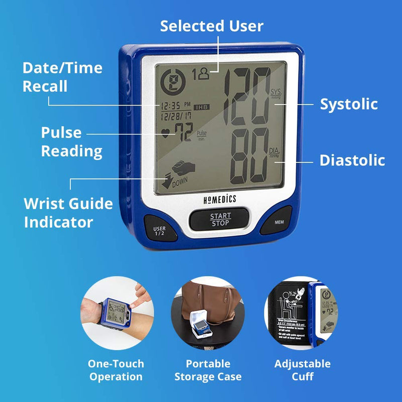 [Australia - AusPower] - Homedics Blood Pressure Monitor, Automated Wrist Blood Pressure Machine for Home use with Easy One-Touch Operations. Stores up to 120 Readings (60 Readings per 2 Users). Cuff and Storage Case Included 