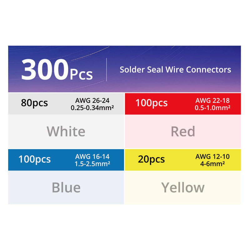 QWORK® 300 Pieces Solder Connectors Heat Shrink Connectors in 4 Sizes (26-10 AWG), 3:1 Shrink Ratio, Color-Coded Melt Connectors for Electronics & Vehicles 300 pieces