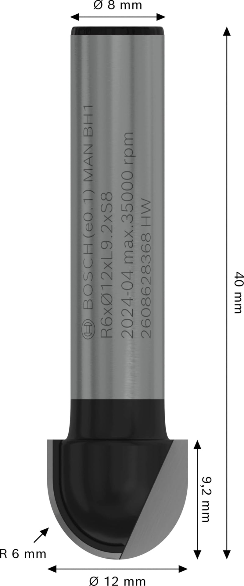 [Australia - AusPower] - Bosch 2608628368 Core Box Bit, Silver/Black, 8 x 12 x 40 mm L 6 mm Diameter: 12 mm 