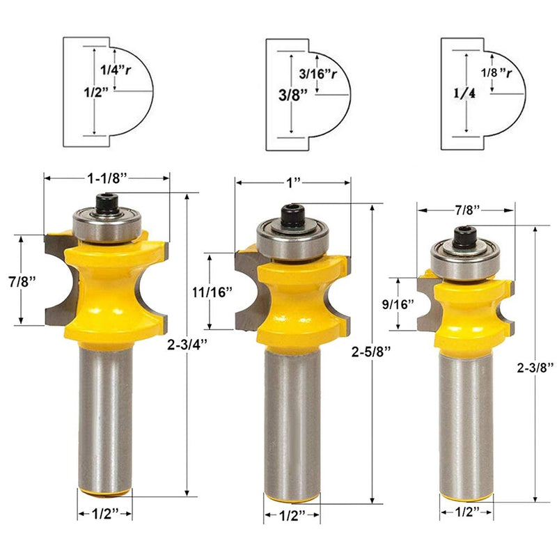Yakamoz 5Pcs 1/2 Inch Shank Half Round Bearing Bullnose Router Bit Set Carbide Tipped Round Edge Cutting Bits | Radius 1/8" 3/16" 1/4" 5/16" 3/8"