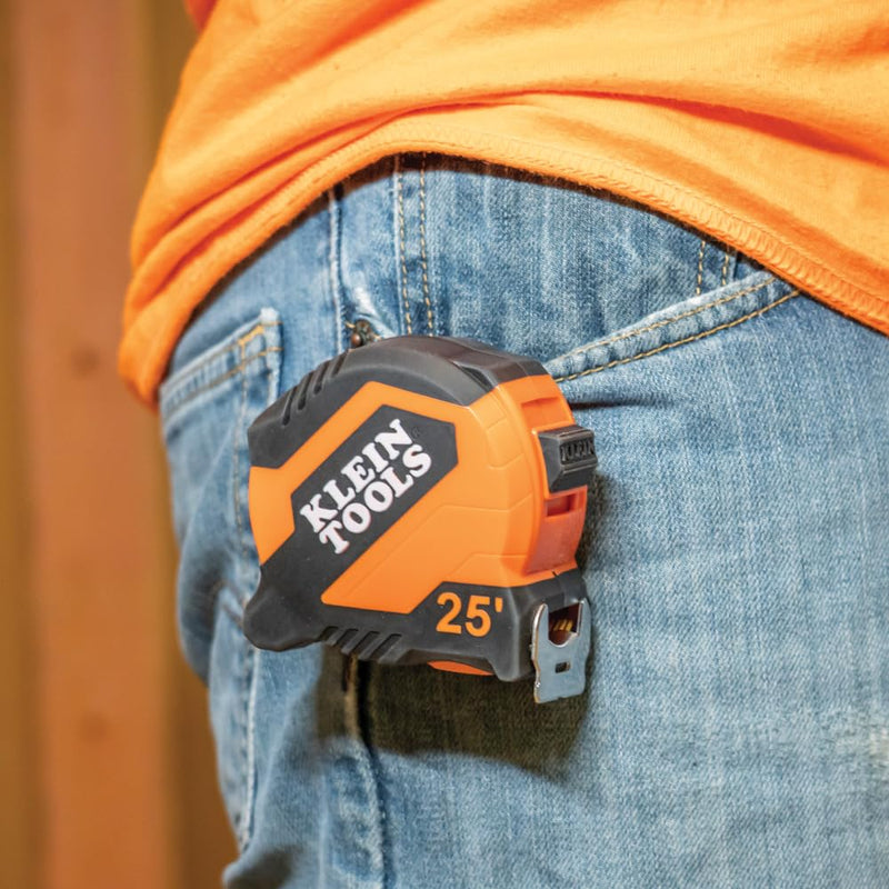 [Australia - AusPower] - Klein Tools 9525 Tape Measure, 25-Foot Compact Double-Hook Imperial Measuring Tape with Finger Brake, Nylon Blade, Easy to Read Bold Lines 