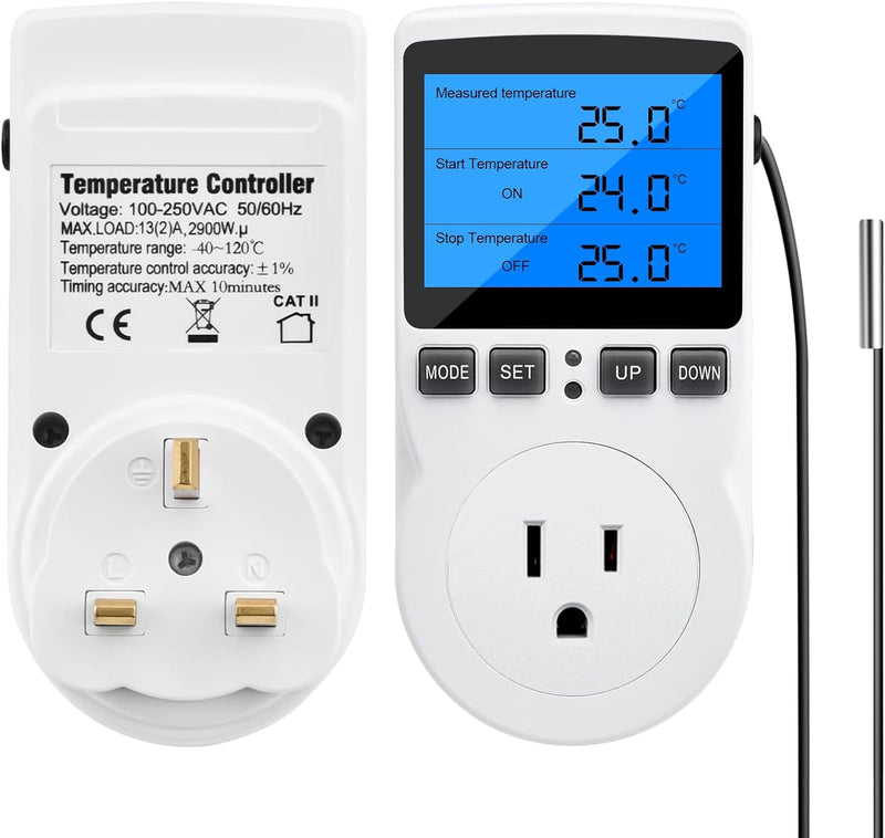 [Australia - AusPower] - Diymore Plug in Thermostat Temperature Controller Electric Digital Thermostat Heating Cooling Control Mode Timer White 2900W 250V 15A Digital Temperature Controller Thermostat Timer Backlit Display 