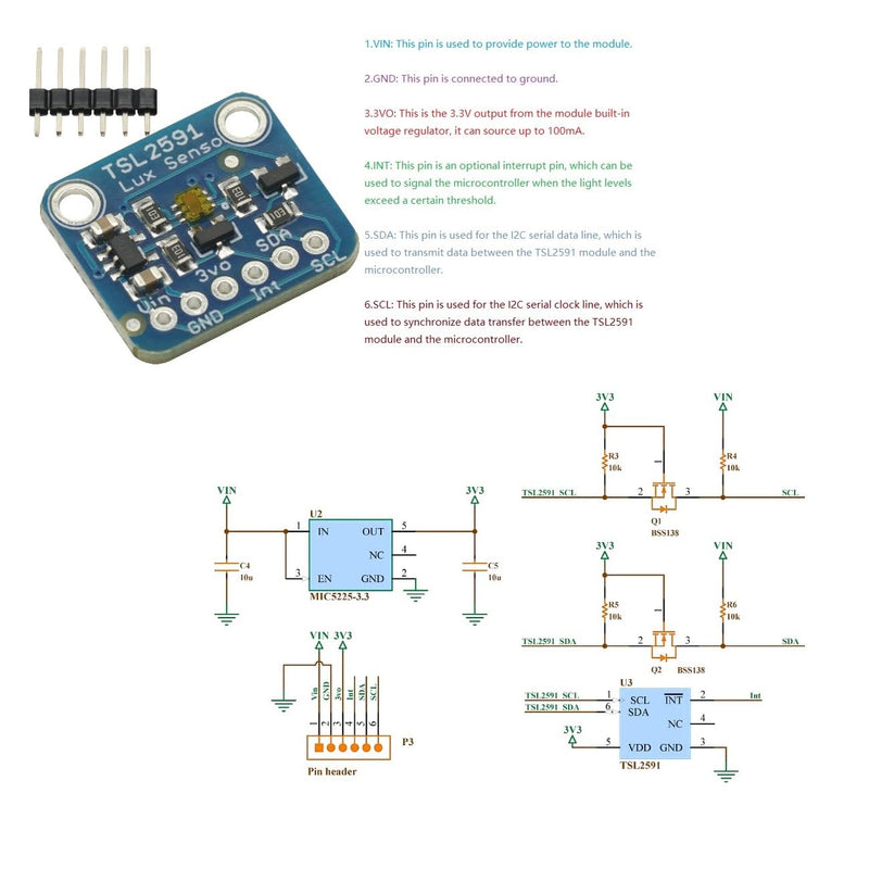 [Australia - AusPower] - TSL2591 IIC I2C Light Sensor Breakout Module High Dynamic Range Optical Sensor Digital Board TSL25911FN 3.3V 5V 