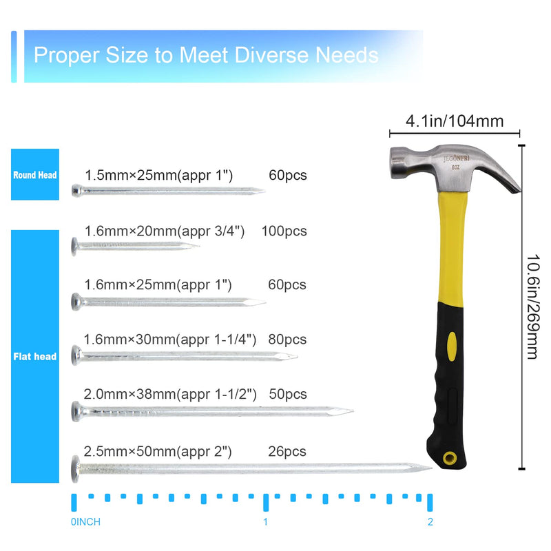 [Australia - AusPower] - 376pcs Hardware Nails Assortment kit with 2" Nails & 8oz Claw Hammer, Nails for Hanging Pictures, Picture Hanging Nails, Finishing nails, Wall nails, Small nails, Wood nails and Hammer 