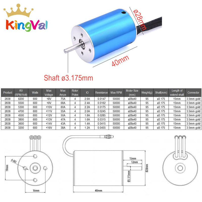 [Australia - AusPower] - KingVal Replacement 2838 3600KV Brushless Sensorless Motor Shaft 3.175mm with 35A Brushless ESC Combo Compatible with 1/14 1/16 RC Car 3600KV+35A Sensorless 2838 