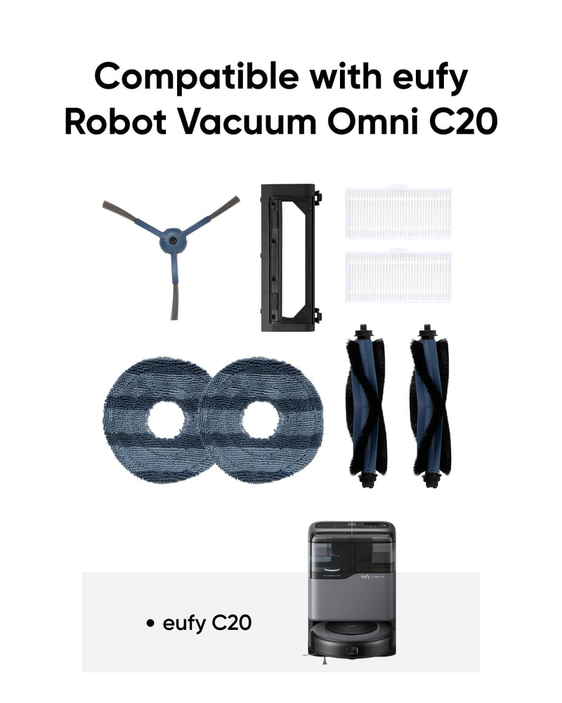 eufy Official Accessory Kit for Robot Vacuum Omni C20, 2 Side Brushes, 2 Washable Filters, 1 Rolling Brush, 1 Brush Guard, 2 Mop Pads