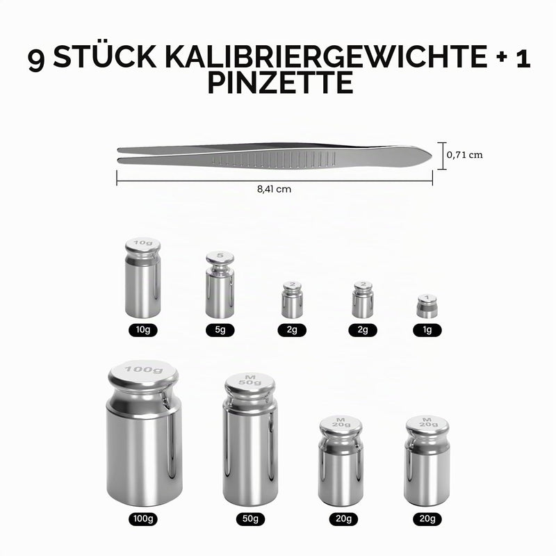 UNIWEIGH Calibration Weights 210g 9 Piece Calibration Weight Set | Weights of 1g, 2g, 5g, 10g, 20g, 50g and 100g with stainless steel tweezers for digital high-precision scales, gram, milligram scales, large