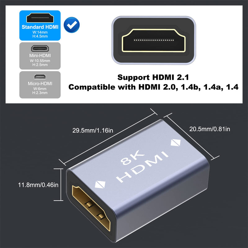 [Australia - AusPower] - VCELINK HDMI Coupler 8K, HDMI 2.1 Female to Female Connector HDMI Extension Adapter, Support 8K@60Hz / 4K@120Hz 120UHD, 7680 * 4320 Resolution, 3D, HDR, ARC for Laptop, PC, Monitor, Roku TV, 2 Pack 