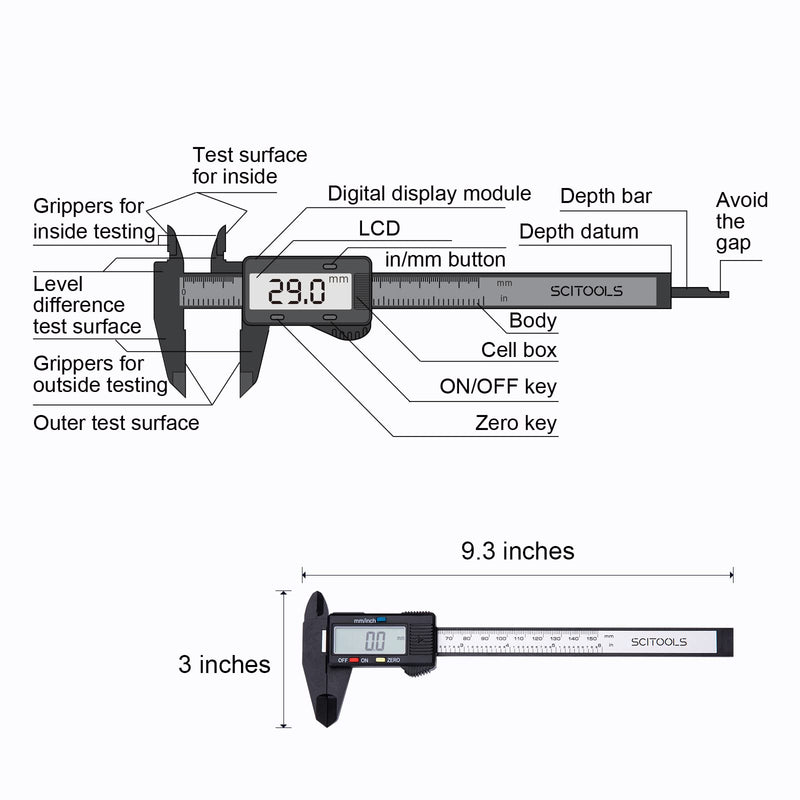 [Australia - AusPower] - Digital Caliper 0-6"Measuring Tool, Micrometer Caliper with Auto-Off Feature, Interchangeable between inches and millimeters for jewelry measurement and 3D printing 6" Plastic 