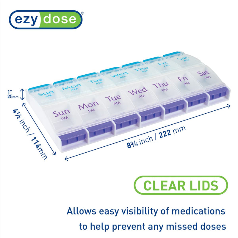 [Australia - AusPower] - EZY DOSE Push Button (7-Day) Pill Case, Medicine Planner, Vitamin Organizer, 2 Times a Day AM/PM, X-Large Compartments, Arthritis Friendly, Clear Lids, Purple and Blue, BPA Free Blue and Purple (Clear Lids) 1 Count (Pack of 1) 