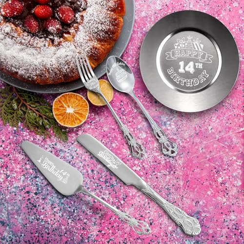 Happy 14th Birthday Personalized Laser Engraved Stainless Steel Cake Tableware Set:Cake Server,Plate,Knife,Spoon, Fork - Memorable 14 Year Old Gift Keepsake