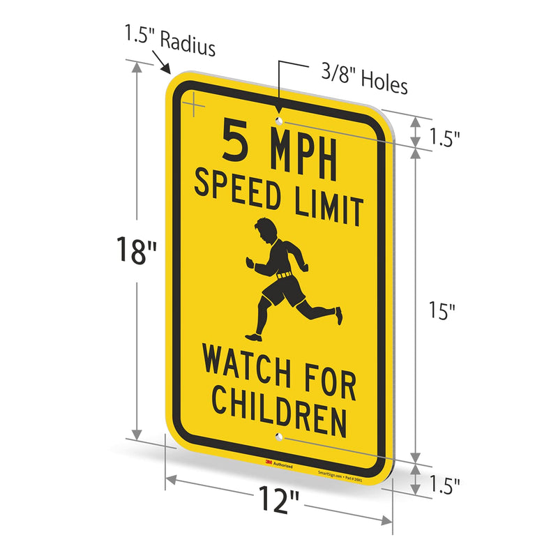 SmartSign 18 x 12 inch “5 MPH Speed Limit - Watch For Children” Metal Sign, 63 mil Aluminum, 3M Laminated Engineer Grade Reflective Material, Black and Yellow, Made in USA